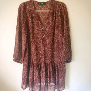 Sam Edelman Sheer Print Long Sleeve Pleated Hem‎ Dress M| Edgy Boho Chic